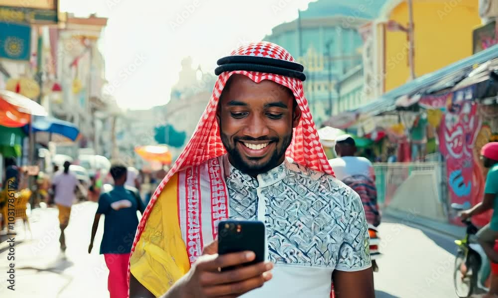 Gambian Man Smiling While Using Mobile Phone in Rio de Janeiro Gambian Man Smiling While Using Mobile Phone in Rio de Janeiro