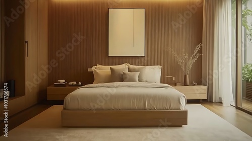 Elegant and Cozy Modern Bedroom Interior Design with Stylish Decor, mockup, poster and Background