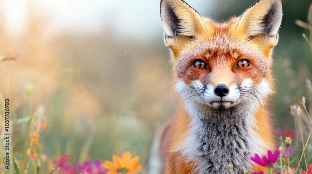 Obraz premium A vibrant red fox stands amidst colorful flowers, showcasing its striking features in a natural, sunlit environment.