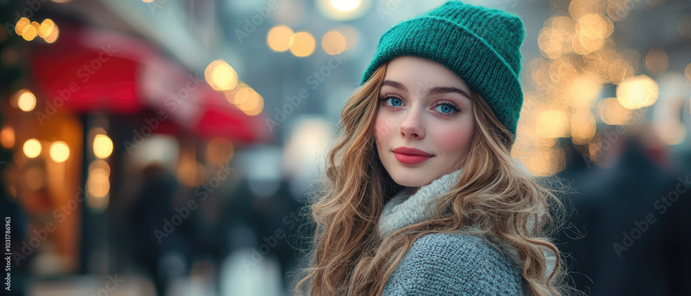 Glamorous young woman wearing green beanie and sweater with long wavy blonde hair standing with soft blurred road in warm and festive Christmas atmosphere Glamorous young woman wearing green beanie and sweater with long wavy blonde hair standing with soft blurred road in warm and festive Christmas atmosphere