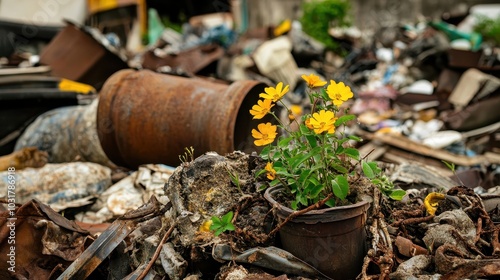 Wallpaper Mural A vibrant pot of yellow flowers emerges amidst a backdrop of discarded debris, symbolizing resilience in a neglected environment. Torontodigital.ca