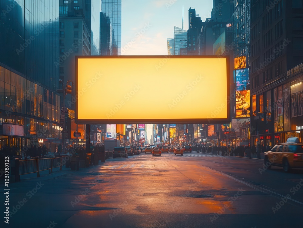 billboard mockup displayed prominently in times square, surrounded by bustling city life, bright lights, and advertisements, showcasing the dynamic urban environment of new york city