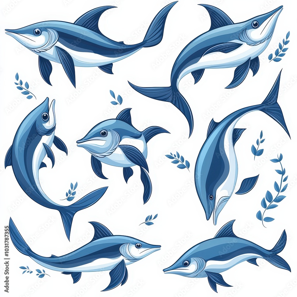 Blue Marlin Fish Illustration Set Ocean Wildlife Marine Life Underwater Design Blue Marlin Fish Illustration Set Ocean Wildlife Marine Life Underwater Design