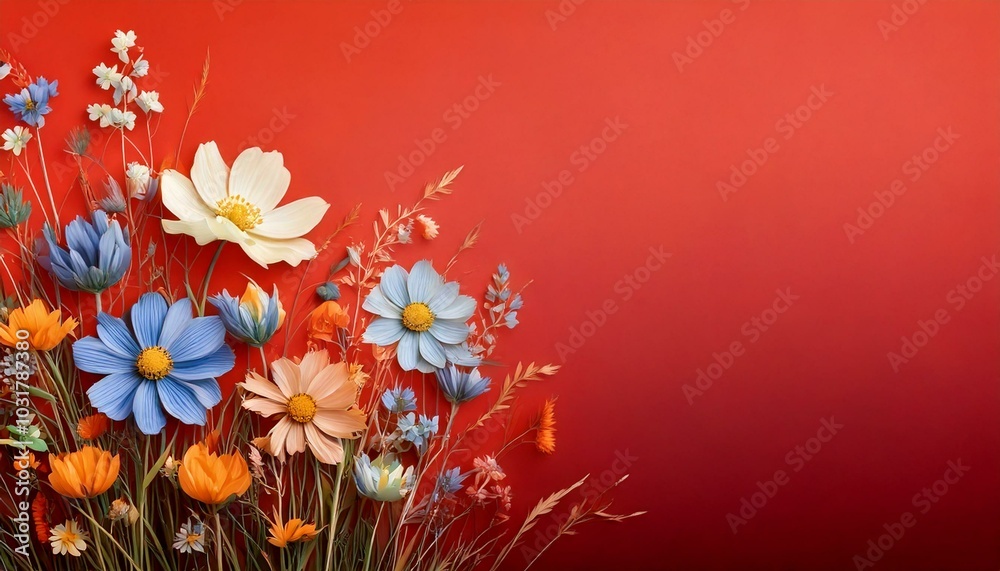Naklejka premium spring flowers background, pastel wildflowers, blue, gray, orange with space on the top for your text or design on soft tone