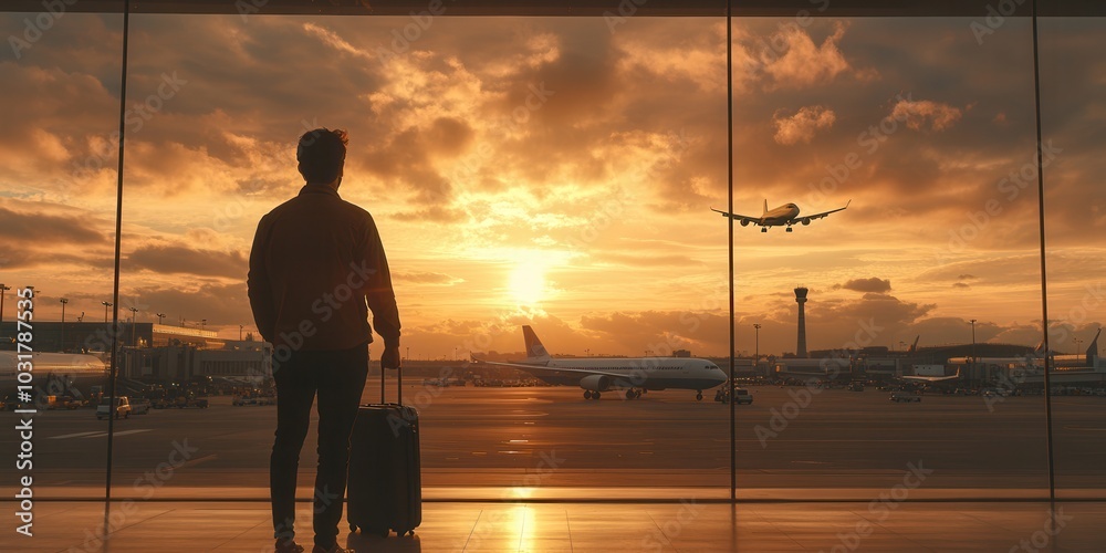 Traveler gazing at sunset through airport window, with airplane taking off in distance, scene conveys adventure and anticipation. Traveler gazing at sunset through airport window, with airplane taking off in distance, scene conveys adventure and anticipation.