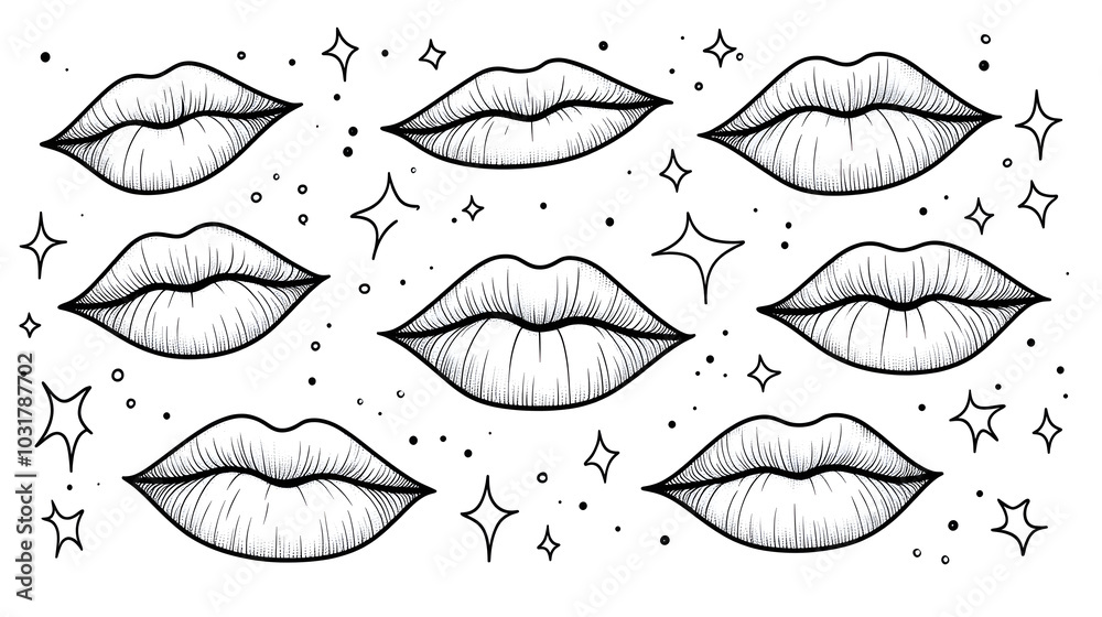 Dynamic Modern Icons in Solid Black and White Featuring Cleansed Celestial Lips with Dripping Effects Dynamic Modern Icons in Solid Black and White Featuring Cleansed Celestial Lips with Dripping Effects