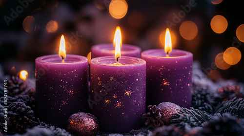 Burning purple candle close up