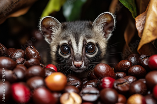 Civet cat surrounded by coffee beans, with copy space. Warm natural lighting. Jungle or plantation background. photo