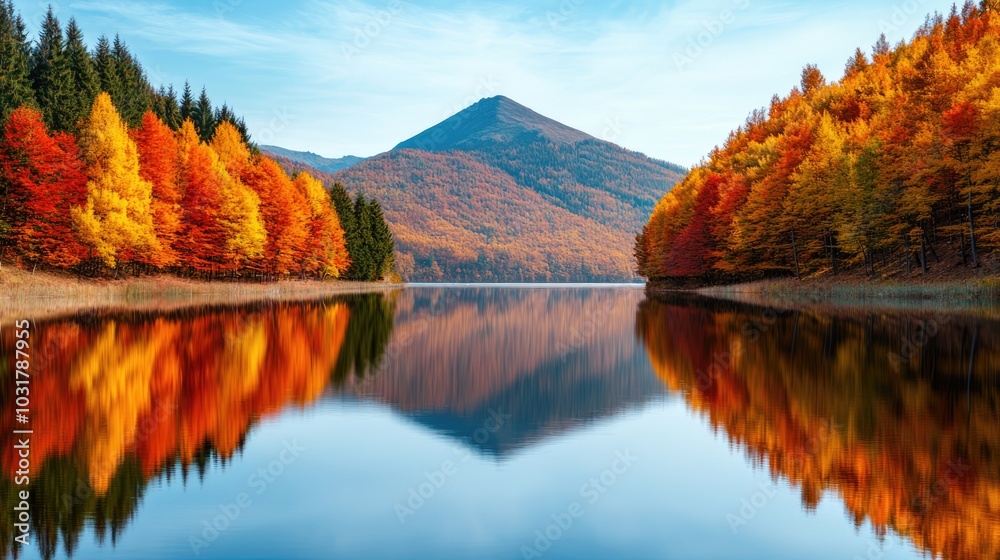 Obraz premium A tranquil landscape featuring a serene lake, surrounded by vibrant autumn trees, with a mountain peak reflecting in the water under a clear blue sky.