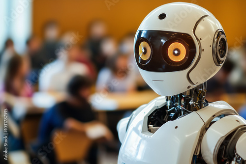 Robot teaching a group of people in a modern classroom, with copy space. Soft ambient lighting. 