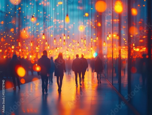 blurred shot of diverse business people mingling at a party in an office center, creating a lively atmosphere filled with conversations and networking opportunities, illuminated by soft lighting