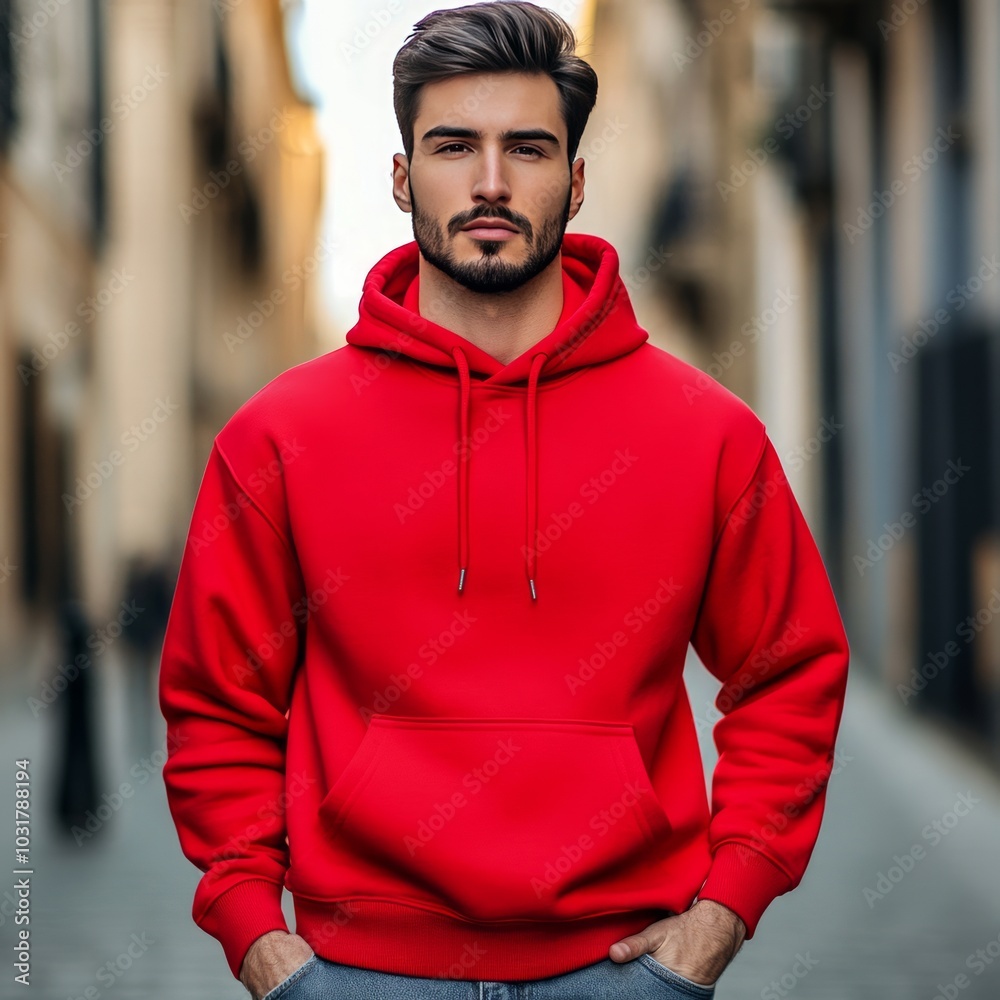 Mockup of an American man wearing a red pullover hoodie, Ai generated images