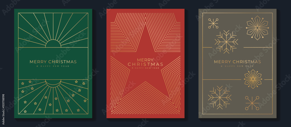 Luxury christmas invitation card art deco design vector. Christmas tree, star, bauble ball, candle line art on green, red and gold background. Design illustration for cover, poster, wallpaper. Luxury christmas invitation card art deco design vector. Christmas tree, star, bauble ball, candle line art on green, red and gold background. Design illustration for cover, poster, wallpaper.