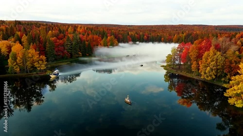 A flight over a mirror-like lake surrounded by an autumn forest, with trees covered in golden and red leaves. The camera captures the reflection of the forest in the water and a light mist rising abov photo