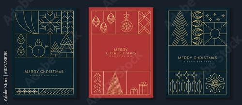 Luxury christmas invitation card art deco design vector. Christmas tree, star, bauble ball, candle line art on red and navy blue background. Design illustration for cover, poster, wallpaper.