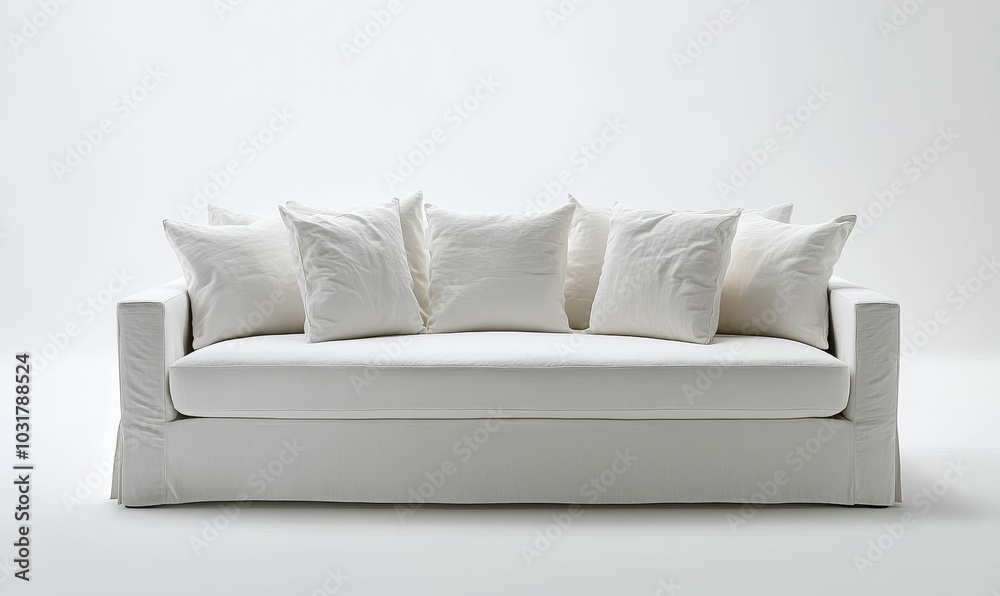 White couch with five pillows. White couch with five pillows.