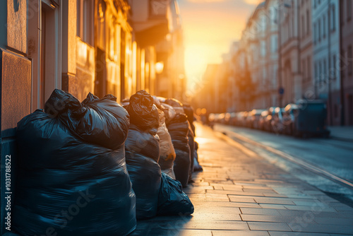 Piles of garbage bags on a busy city street, with copy space. Soft evening lighting. 