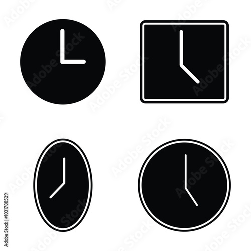 Clock icons. Silhouette of clock icon, vector in trendy flat style isolated on white background. Circle, square timer icon set isolated on white. Vector illustration. EPS 10