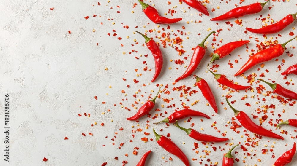A vibrant arrangement of red chili peppers scattered on a light textured background, accompanied by chili flakes. A vibrant arrangement of red chili peppers scattered on a light textured background, accompanied by chili flakes.