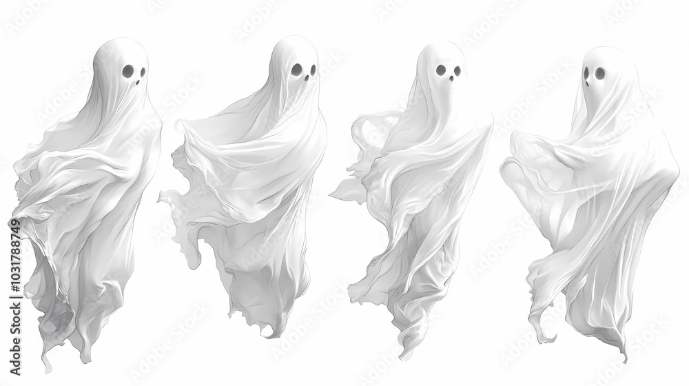 Four whimsical white ghosts gliding effortlessly in a playful formation. Four whimsical white ghosts gliding effortlessly in a playful formation.