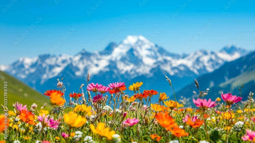 Fototapeta premium A vibrant meadow filled with colorful flowers, set against majestic snow-capped mountains and a clear blue sky.