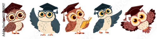 Set of flat vector illustrations in children's style. Cute owls with glasses and graduation hat, pointing with wing and reading books. Vector illustration