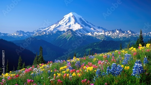 A vibrant landscape featuring blooming flowers in the foreground with a majestic snow-capped mountain under a clear blue sky.