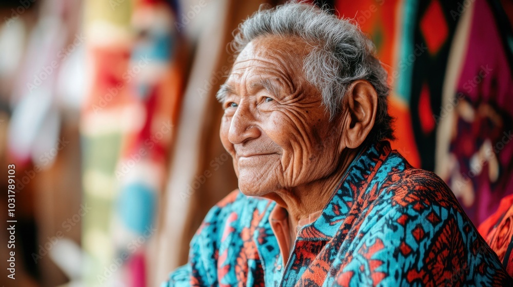 Side view of an old person in a colorful shirt, against a striking backdrop, with flirting smile Side view of an old person in a colorful shirt, against a striking backdrop, with flirting smile