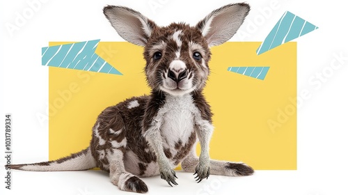 Cute Baby Kangaroo Sitting on Yellow Background with Blue Geometric Shapes photo