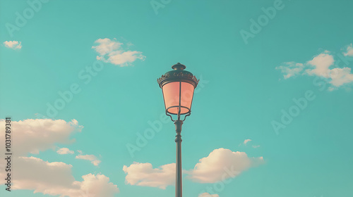 Street lamp against a blue sky with clouds.