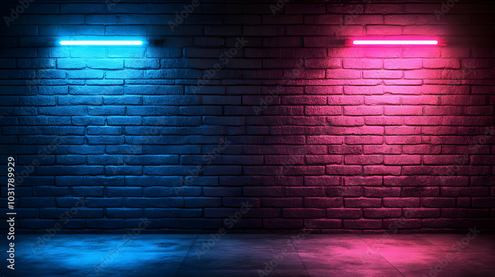 Neon Lights on Brick Wall Background.