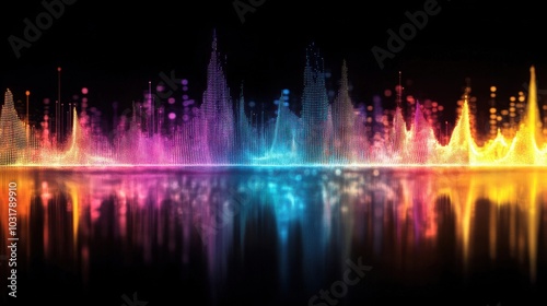 Colorful waveforms undulate above a reflective surface, creating a mesmerizing display in a dark setting that captivates the viewer