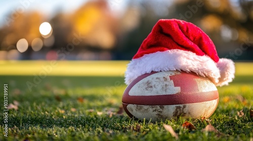 Santa hat on rugby ball, Christmas promotion for training and sports goods photo