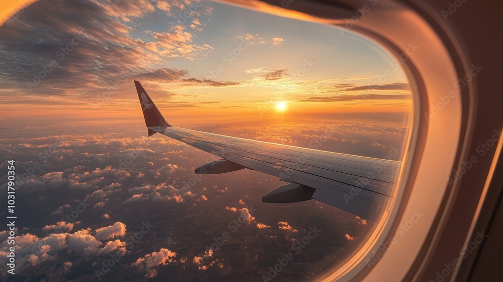 View of a breathtaking sunset from an airplane window, capturing the vibrant colors of the sky and scattered clouds high above the earth.