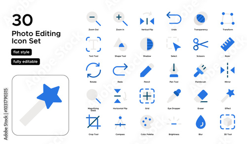 Photo Editing Flat Icon Set: Filters, Cropping, and Photo Enhancement Icons
