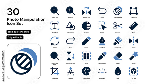 Photo Manipulation Solid Duo Tone Icon Set: Retouching, Image Alteration, and Artistic Adjustments Icons