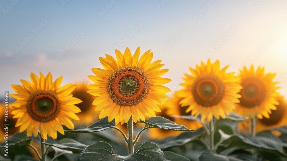 Obraz premium A vibrant field of sunflowers stands tall, bathed in warm sunlight, showcasing nature's beauty and the joy of blooming flowers.
