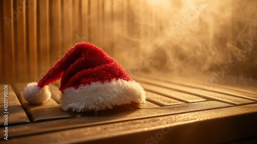 Obraz na płótnie Santa hat on sauna bench, holiday promotion for spa and wellness salon services w salonie