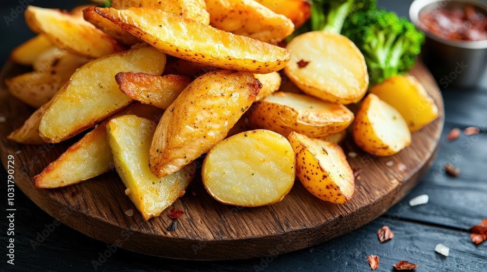 Crispy Baked Potato Wedges with Herbs and Spices on Rustic Wooden Board Crispy Baked Potato Wedges with Herbs and Spices on Rustic Wooden Board