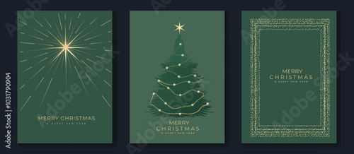 Luxury christmas invitation card art deco design vector. Christmas tree, snowflake, firework line art, watercolor on green and red background. Design illustration for cover, print, poster, wallpaper.