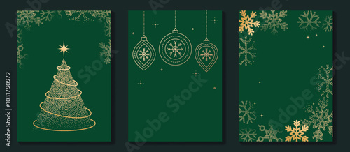 Luxury christmas invitation card art deco design vector. Christmas tree, snowflake, firework line art, watercolor on green and red background. Design illustration for cover, print, poster, wallpaper.