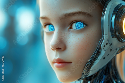 Portrait of a cyborg child with glowing eyes. Concept of introducing artificial intelligence into life. Generated by artificial intelligence