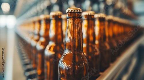 Bottles are neatly arranged on a production line as they are filled and prepared for packaging in a brewery setting