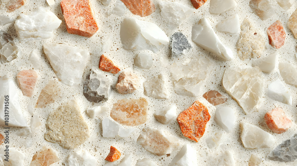Closeup of a Terrazzo Surface with White, Beige, and Red Stones Closeup of a Terrazzo Surface with White, Beige, and Red Stones