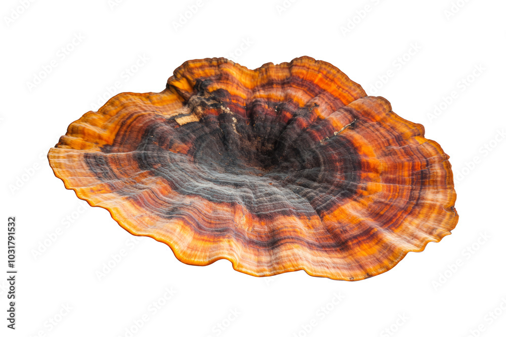 A circular, flat mushroom with a brown and orange fan-like pattern, resembling a turkey's tail. A circular, flat mushroom with a brown and orange fan-like pattern, resembling a turkey's tail.