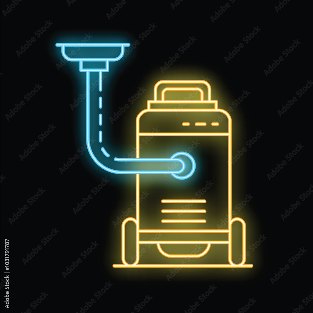 Neon welding machine glowing on dark background, concept of heavy industry and metalwork Neon welding machine glowing on dark background, concept of heavy industry and metalwork
