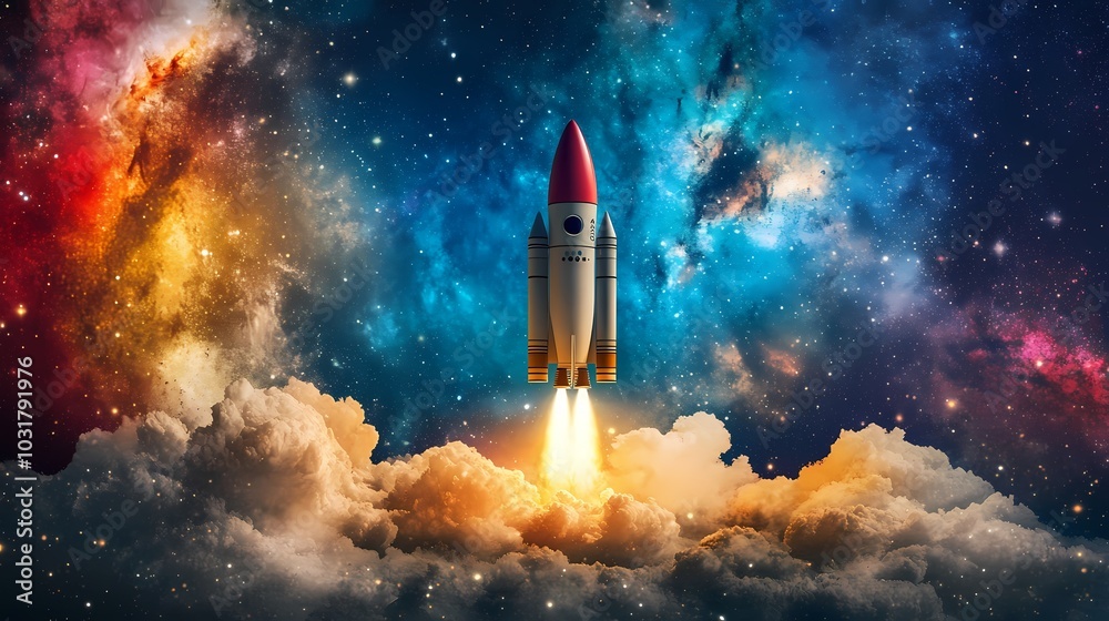 Fototapeta premium A colorful rocket launching into a starry cosmos with vibrant clouds.