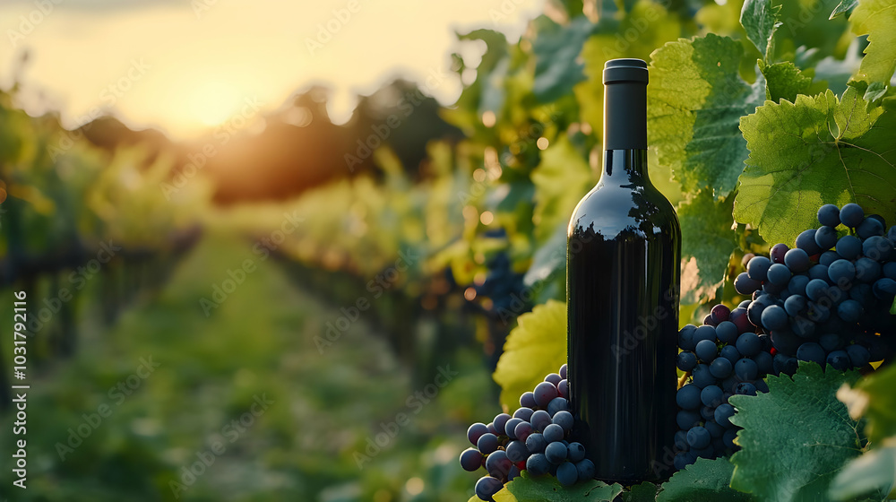 Fototapeta premium Wine Bottle in Vineyard at Sunset.