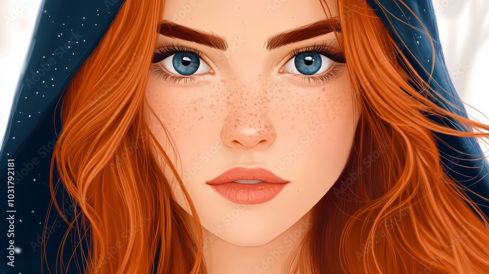 A girl with freckles on her face and in her hair wears a hooded jacket A girl with freckles on her face and in her hair wears a hooded jacket