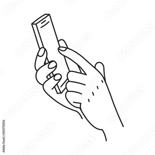 Gesture with smartphone Line art. One hand holding mobile phone and finger touching empty screen. Outline sketch doodle. Vector illustration